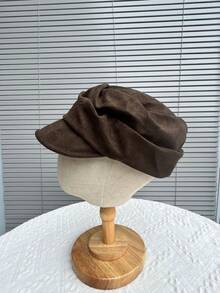1pc Women's Autumn/Winter Brushed Brushed Slimming Equestrian Cap, Versatile Pleated Flat Top Duck Bill Hat, - Solid Color Dumpling Equestrian Hat - View 5