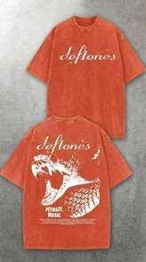 Vintage Washed Band T Shirts, D Eftones Private Music Snake Graphic, 230g Washed Cotton Crew Neck Short Sleeve T-Shirt, Dark Rock Street Casual, Big A - 橘色 - 查看 1