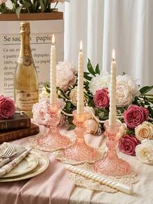 Elegant Transparent Glass Diamond Pattern Candle Holder, Minimalist Crystal Glass Candle Holder, Decorative Wreath, Romantic Pink Style, Glass Candle Holder, Coaster, Suitable For Wedding, Valentine's Day, Tabletop Decoration - Pink Romantic Style - View 6