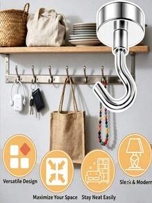 10pcs/5pcs Strong Magnetic Hooks, Non-Slip, Space-Saving, Heavy Duty, Suitable For Home, Tenant Or Office Use, Can Be Used For Kitchen Utensils, Bathroom Towels And Small Items - Silver - View 2