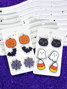 1 Set 3 Pares de Pendientes de Botón de Madera con Diseño de Dibujos Animados de Halloween, Pendientes Divertidos y Caprichosos de Maíz Dulce, Calabaza, Fantasma, Gatito, Murciélago y Telaraña, Set de Pendientes de Regalo Festivo para Mujeres - Multicolor - Ver 4