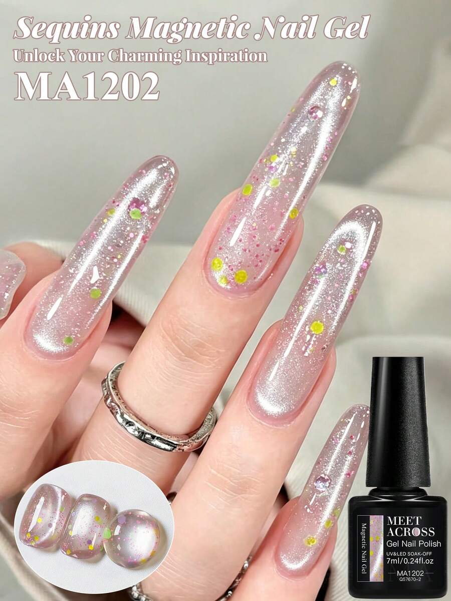 MEET ACROSS 1 pieza 7ml Esmalte de uñas de gel con lentejuelas efecto ojo de gato, lentejuelas de cristal de colores con purpurina magnética UV gel semipermanente removible con remojo UV LED para uñas de verano, arte de uñas DIY para el hogar y salón, suministros de uñas - Rosa - Ver 1