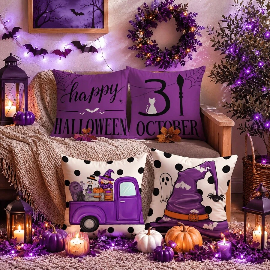4pcs Halloween Throw Pillow Cover, Spooky Season, Polyester With Zipper, Machine Washable, Suitable For Living Room, Purple Witch Hat And Truck Cushions 17.72*17.72 Inches - Multicolor - View 1