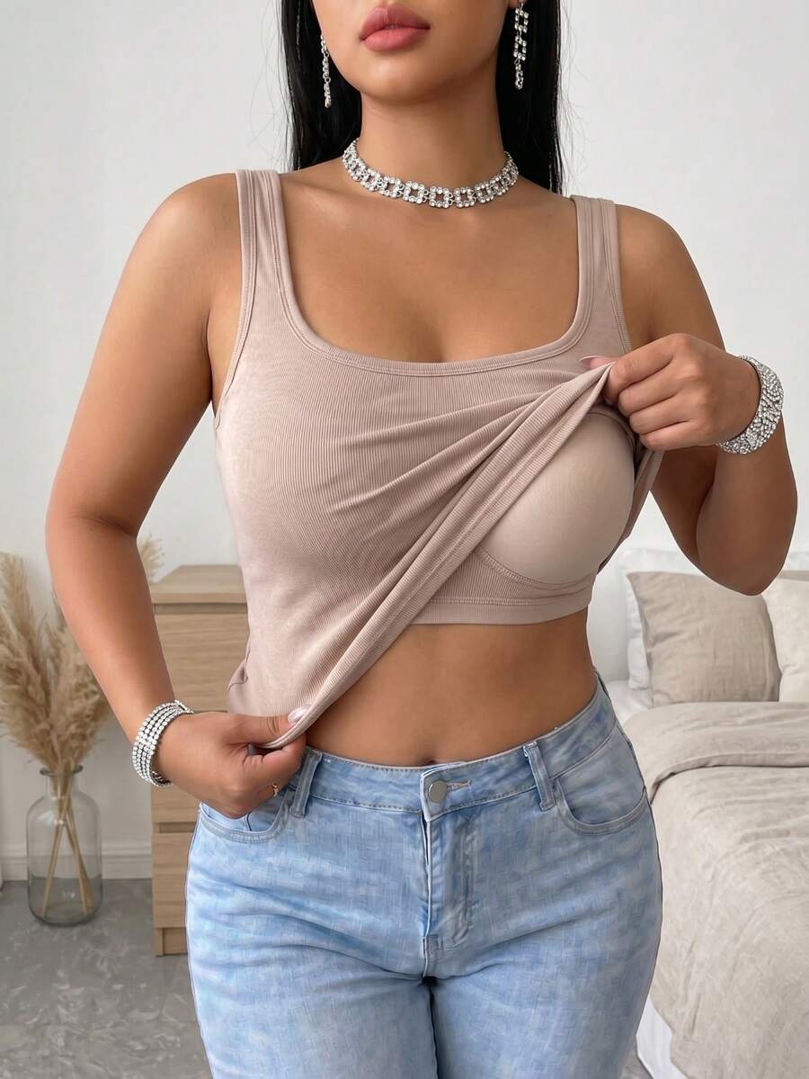 1pc Women's Plus Size Round Neck Wide Strap Tank Top, Soft Skin-Friendly Fabric, Built-In One-Piece Padding, Suitable For Daily Minimalist Wear - Khaki - View 1