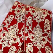 1 Yard Red & Gold Embroidered Lace Velvet Trim, Palace Style Woven Ribbon, Hanfu Cheongsam Decorative Accessory, Wedding Decoration Border - Red Gold - View 2
