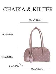 CHAIKA & KILTER 1 buah Tas Bahu Bowling Fashion Wanita Bahan PU Warna Solid dengan Jahitan Quilted Kontras Polka Dot di Seluruh Permukaan, Desain Pegangan Ganda, Penutup Resleting, Cocok untuk Penggunaan Sehari-hari dan Jalanan (Dijual dengan Liontin) - Berwarna merah muda - View 3