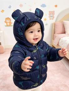 Jaket Musim Dingin Bayi Laki-laki Modis Lengan Panjang dengan Resleting dan Tudung, Motif Kartun - Navy Blue - View 7