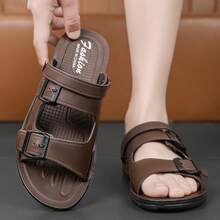 Sandal Kulit Pria Ukuran Besar Serbaguna untuk Aktivitas Luar Ruangan, Olahraga, Anti Selip, Sol Lembut, Mengemudi, Pantai, dan Ujung Terbuka - Coklat - View 6