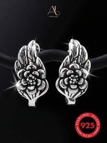 1 件复古优雅小众设计 925 银羽毛和花朵耳环，适合女士，适合节日、宴会、派对 - 復古銀色 - 查看 5