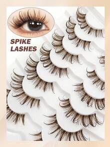 7 Pairs Brown Cartoon False Eyelashes, Transparent Stem, Suitable For Cartoon Style Eye Makeup, Reusable, Wet-Look Pointed Style, Daily Commute Travel Party Gift - Brown - View 5