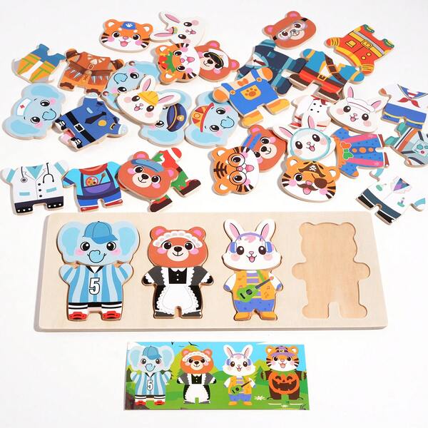 Rompecabezas de madera de animales de dibujos animados con disfraces de profesiones para niños para mezclar y combinar atuendos, apoya el juego de roles y el aprendizaje de profesiones, para regalos de cumpleaños de niños pequeños