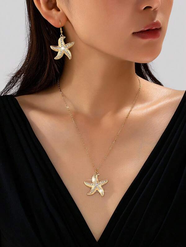 2 piezas Conjunto de Collar & Pendientes con Diseño Versátil y Elegante de Estilo de Playa con Estrella de Mar Dorada, Adecuado para el Uso Diario de la Mujer