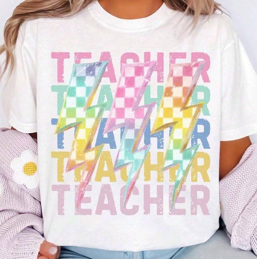 Funny Shirts Comfort Teacher Shirt, Retro Teacher Shirt, Checkered Teacher Tee, Gift For Teacher, Back To School Shirt, Plus Size, 100% Cotton - White Teacher shirt002 - 查看 1