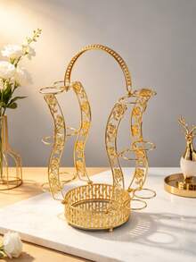 Luxury Gold Floral Lace Cup Holder With Bamboo Base Tray, 10-Cup Metal Tea Glass Stand, Decorative Curved Floral Mug Rack For Home Kitchen, Coffee Bar & Dining Table - View 6