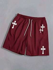 Plus Size Men's Beach Shorts, Summer Casual Vacation Loose Cross Print Design Adjustable Drawstring Shorts, Suitable For Running & Outdoor Activities - Burgundy - View 3