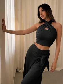 Criss-Cross Lace-Up Back Fitted Top With Elastic Waist Wide-Leg Pants, Women's 2-Piece Set, Lightweight And Comfortable For Summer Black Elegant - Black - View 2