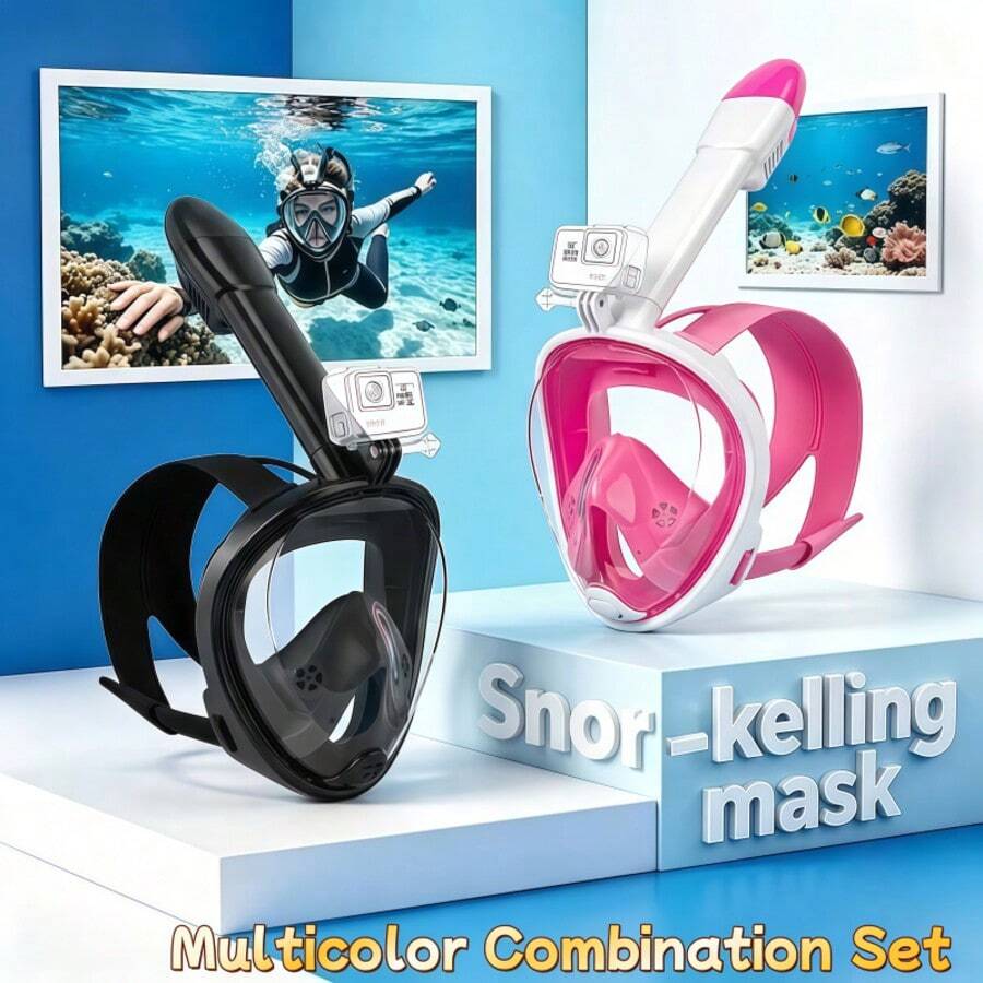 2pcs/Set Adult Full Face Diving Mask With Camera Mount, 180° Panoramic Leak-Proof Anti-Fog Diving Equipment, Beach Essential, Beach Accessory, Pool Float