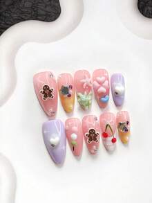 10pcs Sweet Style Handmade Press-On Nails, Polygel Nail Art Set, Heart, Starfish, Cherry And Star Patterns, Purple, Pink, Yellow Nail Polish, Cute Girl Style, Includes Nail Tools, 3 Sizes Available, Almond, Duck, Coffin Shape, Suitable For Party, Dancing, Daily Wear - 彩色 - 查看 14