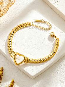 1 Set Stainless Steel Jewelry Set, Rust-Resistant Heart Bracelet And Necklace Layered Accessories For Gift And Party - Yellow Gold - View 5