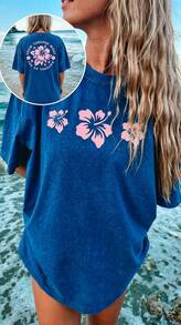 Summer TopsWomen Y2k Oversized Graphic Tees Floral Print Short Sleeve Crewneck T Shirts Loose Fit Summer   Tops For Teen Girls Aesthetic Clothes 2000s - 海軍 - 查看 1