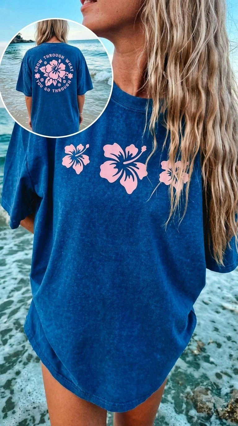 Summer TopsWomen Y2k Oversized Graphic Tees Floral Print Short Sleeve Crewneck T Shirts Loose Fit Summer Tops For Teen Girls Aesthetic Clothes 2000s - 海軍 - 查看 1