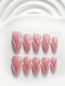 10片裝休閒風手工穿戴甲，Polygel美甲套組，紋理線條設計，亮粉色指甲，柔美優雅風格，附美甲工具，3種尺寸可選：方形、短方形、杏仁形，適合派對、跳舞、日常配戴 - 彩色 - 查看 20
