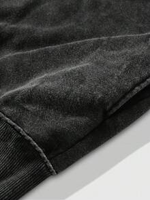 Washed Men's Autumn Dropped Shoulder Long Sleeve Zip-Up Casual Vintage Fashion Printed Hoodie - Black - View 5