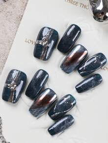 10pcs Press On Nails Deep Blue Nails Silvery Love Nails Press On Nail Supplies Short Nails Fake Nails Artificial Nails Kit Includes 1sheet Adhesive Tabs &1 Pc Mini File Handmade Press On Nails - Multicolor - View 2