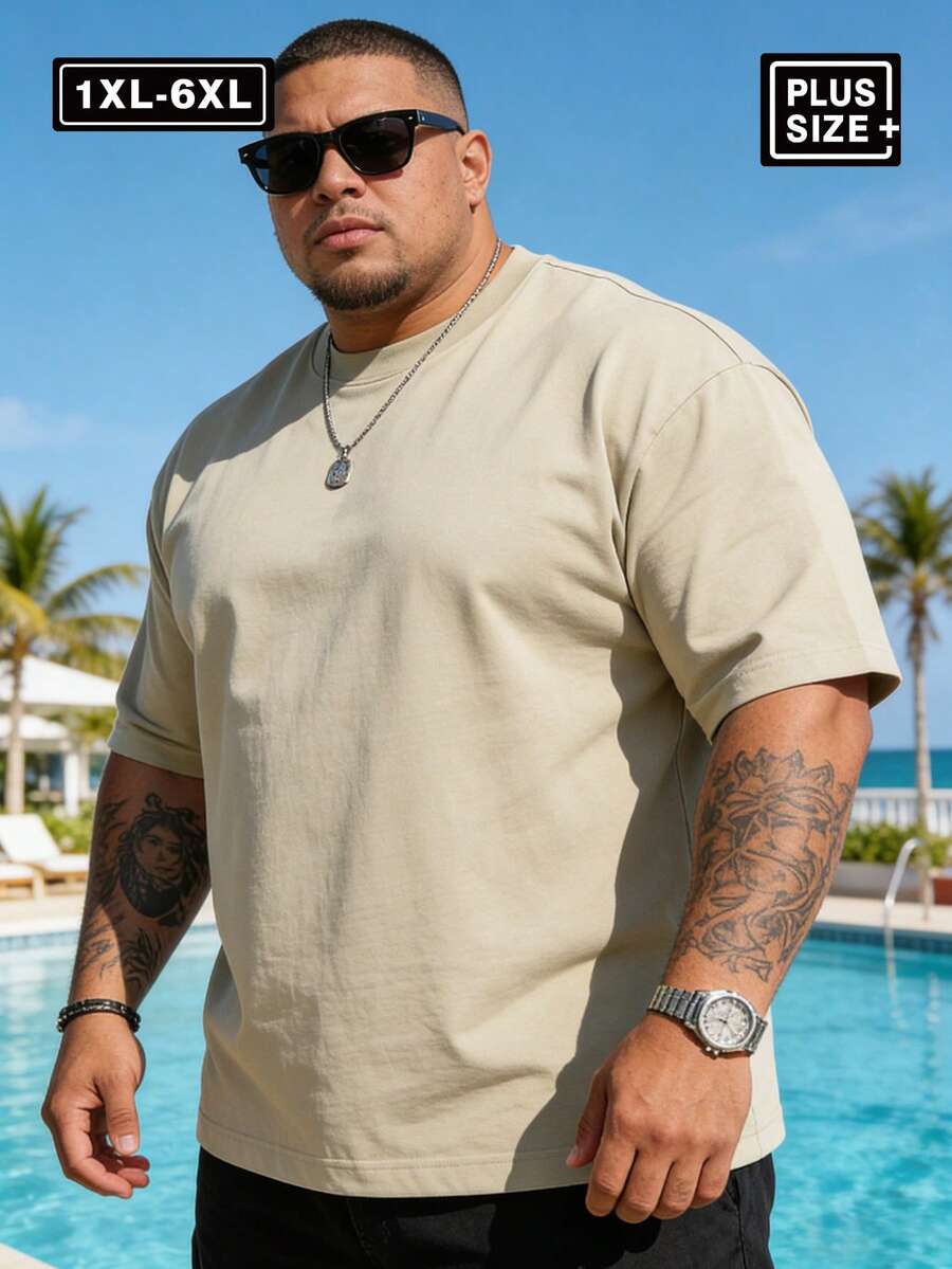 1XL-6XL 码 220-440磅 男士T恤，加大码休闲圆领短袖T恤，适合户外运动，百搭修身，清爽活力，送给丈夫或男友的绝佳礼物 - 卡其色 - 查看 1