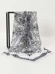 1pc Women's Large Floral Print Scarf, 90cm Big Size Satin Smooth Feel Square Scarf Headscarf Neckerchief - White - View 5