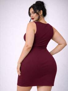 Women's Plus Size Ribbed Black V-Neck Fitted Elegant Dress With Elastane - 紫紅色 - 查看 2