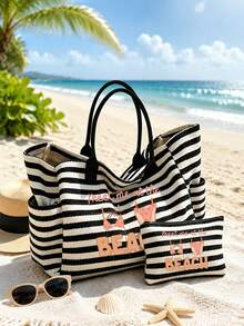 1/2pcs Striped Tote Bag And Cosmetic Bag Set, Printed With "Meet Me At The Beach" Pattern. Casual Tote Bag Style Is Simple And Fashionable, With Spacious Capacity And Versatile Function, Suitable As A Versatile Commuter Bag, Vacation, Travel, Daily Commute And Shopping, Ideal Gift For Friends And Family, New Summer, Travel Essential, Suitable As Women's Birthday Party Gift, Bridal Gift, Suitable For Girls, Women, Girlfriends - Multicolor - View 7