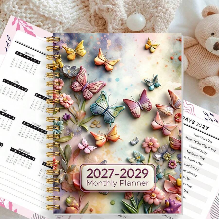1PC A5 2027-2029 Three-Year Plan Calendar Book, Butterfly Flower Pattern, Three-Year Plan Book, Monthly Plan, Office Desktop, Desktop Organization, Planning And Recording, Schedule Management, Personal Development, Professionals, Entrepreneurs - 1pc - View 1