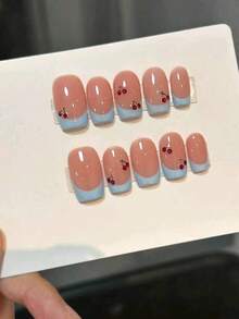 10 Pcs Press-On Nails, Milky Blue French 3D Cherry Design Manicure, American Retro Sweetheart Cherry Nails, Premium Simple Cute Handmade Full Cover French Square Medium Length, Glossy Blue French Gel Press-On Nails, Sweet Cool Hot Girl - Multicolor - View 5