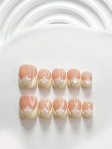10片甜美風手工穿戴甲，Polygel美甲套組，白色珍珠亮面五角星黃色指甲油，獨特風格，含美甲工具，3種尺寸可選：方型、短方型、杏仁型，適合派對、跳舞、日常配戴 - 彩色 - 查看 18