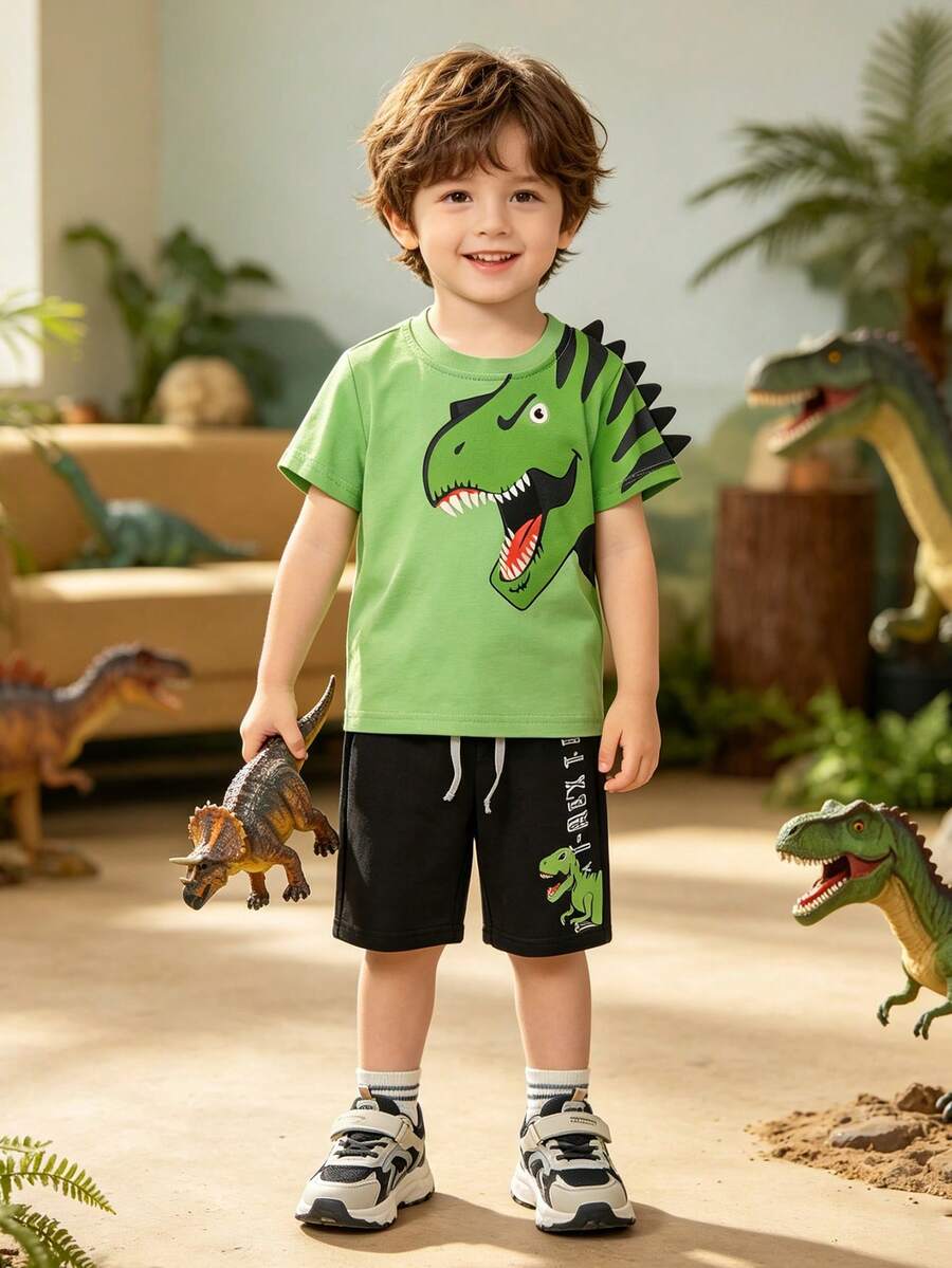 Bộ đồ 2 món in hình khủng long hoạt hình cho bé trai tay ngắn và quần short, thời trang xuân/hè