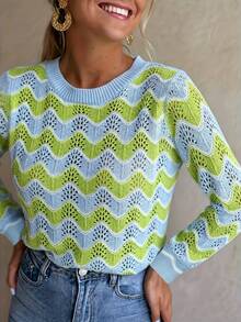 Vintage Style Crochet Knit Women's Long Sleeve Pullover, Green & Blue Wavy Striped Colorblock Pattern, Semi-Sheer Regular Length Fall - Blue - View 4