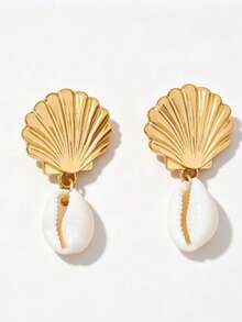 European & American Vacation Style Shell Fan-Shaped Earrings For Women, Niche Design Premium Feel Dangle Earrings, INS Earrings - Yellow Gold - View 5