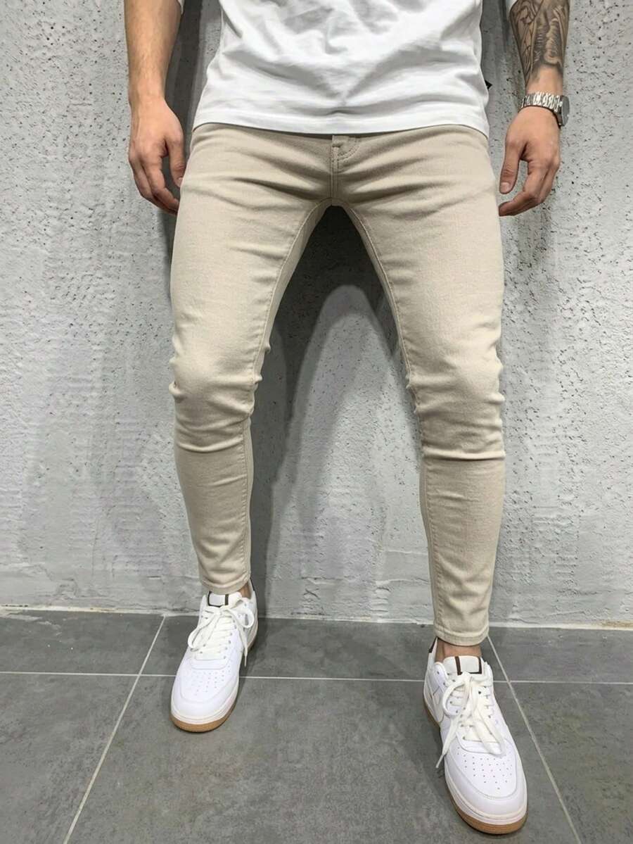 Men's Apricot 100% Cotton High Waist Slim Fit Jeans Vintage Washed Casual Streetwear Breathable Comfy Daily Vacation All Season Trousers - 杏色 - 查看 1