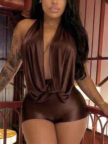 Women's Summer Club Outfits Backless Rompers Rave Date Night Twist Knot Halter Shorts Party Jumpsuits - Dark Brown - View 5