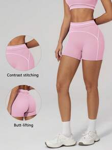 TimeOff Women's 1pc Contrast Color White Line High Waist Tummy Control Sports Shorts - Pink - View 1