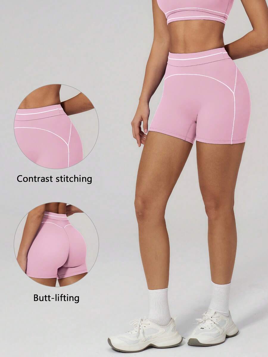 TimeOff Women's 1pc Contrast Color White Line High Waist Tummy Control Sports Shorts - Pink - View 1