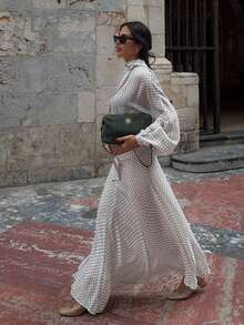 Women's Polka Dot Chiffon Two Pieces Set Tie Neck Batwing Sleeve Top High Waist Flowy Long Skirt Elegant White - White - View 3