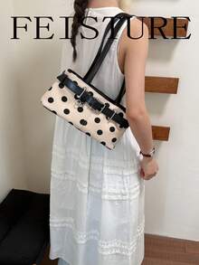 FEISTURE 1件裝女款時尚波點印花肩帶腋下肩背包，適合日常外出、約會、通勤 - 米色 - 查看 4