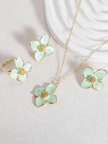 1pc Necklace, 1 Pair Earrings, 1pc Ring, Colorful Enamel Four-Petal Flower, Five-Petal Flower, Egg Flower Floral Jewelry Set, 4pcs/3pcs Set, Suitable For Daily Wear, Vacation, Party, Gifts For Friends - Four-petal Flower Jewelry Set - View 23