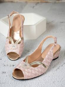 Women's Shiny Lace Peep Toe Wedge Sandals With Rhinestone Sunflower Decor And Adjustable Ankle Strap, Versatile For Party, Commute And Summer Wear - Pink - View 8