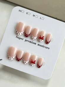 10pcs Pure Handmade Oval Press On Nails, Sweet Vintage Cute Style, Nude French Design,Red Polka Dot & 3D Bow Decorative Patterns For Women And Girls, Spring Summer Fall Winter Festivals Party And Daily Life Use - Red and White - View 2