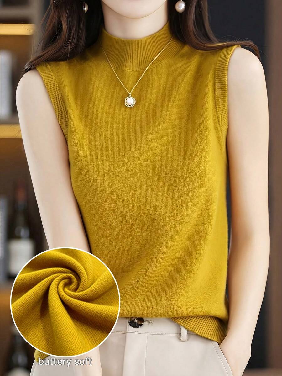New Women's Solid Color Knit Vest Spring And Summer Lightweight Slim Short Versatile Half-High Neck Undershirt  Casual Sleeveless Tops - 黃色 - 查看 1