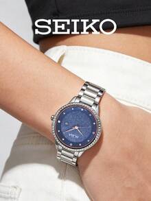 SEIKO 32mm Silver Stainless Steel Ladies Dress Watch Sparkly Starry Blue Dial Crystal Bezel 5ATM Waterproof AH7W29X1 - Silver - View 3
