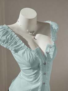 para Mujer, Minimalista, Dulce y Fresca, con Volantes, de Un Solo Hombro y Manga Abullonada, Vestido Corsé Blanco de Primavera/Verano, Vestido Blanco con Escote Corazón, Vestido Vintage OSPV - verde menta - Ver 1